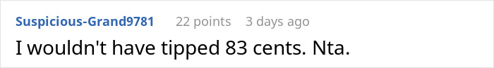 Screenshot of an online comment stating disagreement about tipping 83 cents in a discussion about tipping etiquette.