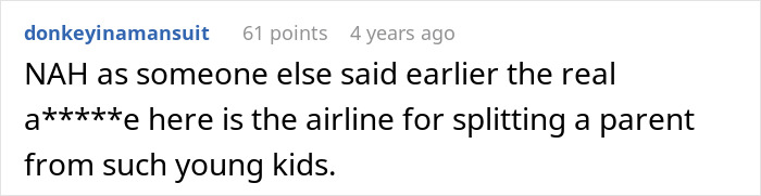 Comment discussing frustration with airline seating arrangements involving a mother and children on an airplane.
