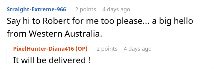 Chat conversation showing a user asking to greet Robert and a reply confirming the message will be delivered.