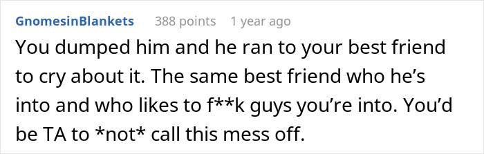 Text from a Reddit comment discussing a woman finding out her fianc&eacute; has a crush on her best friend.