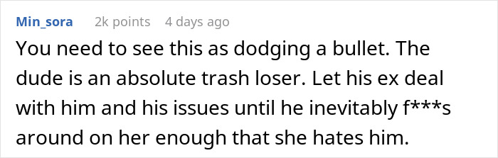 Screenshot of an online comment discussing a troubled relationship involving a mentally unstable boyfriend and his ex.