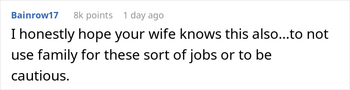 Reddit comment criticizing family involvement in a kitchen renovation and warning to be cautious with family jobs.