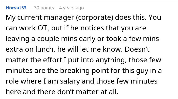 Comment explaining a manager enforcing punctuality and strict adherence to schedule despite employee overtime work.
