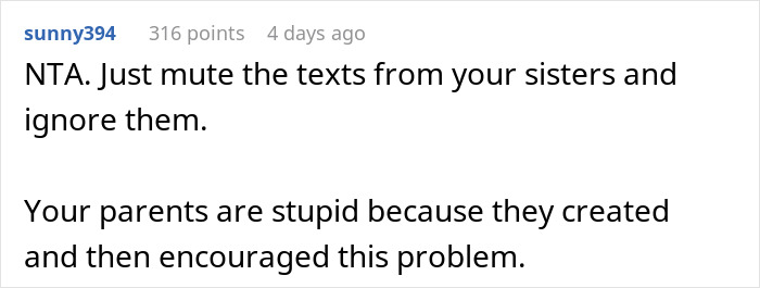 Comment discussing family favoring matching triplets and ignoring the other sibling, advising to ignore negative texts.