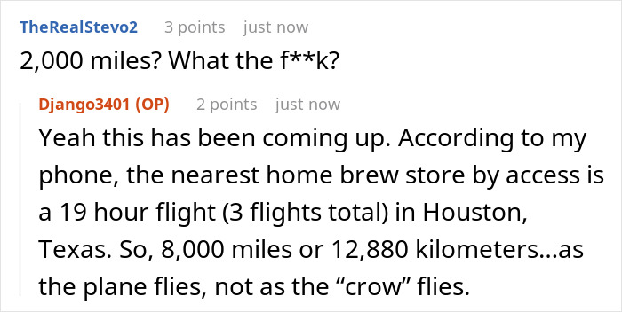 Screenshot of a friend wine sample insult discussion with users debating a 2,000 miles travel distance comment.
