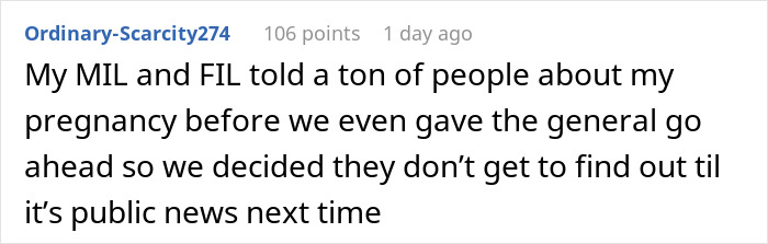 Screenshot of a Reddit comment about MIL hijacking a pregnancy announcement and family conflict over social media sharing.