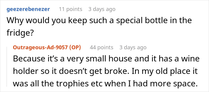 Screenshot of a Reddit conversation about a woman upset her sister&rsquo;s friends drank her irreplaceable champagne.
