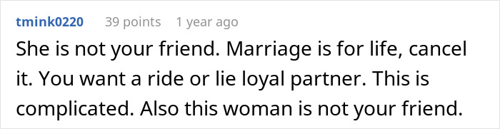 Screenshot of a Reddit comment discussing the complicated situation of a woman&rsquo;s fianc&eacute; having a crush on her best friend.