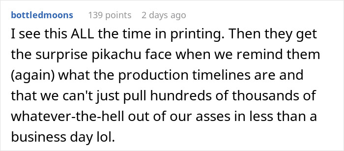 Comment discussing client panic after designer stops follow-ups on approvals as requested, highlighting production timeline issues. Comment discussing client panic after designer stops follow-ups on approvals as requested, highlighting production timeline issues.