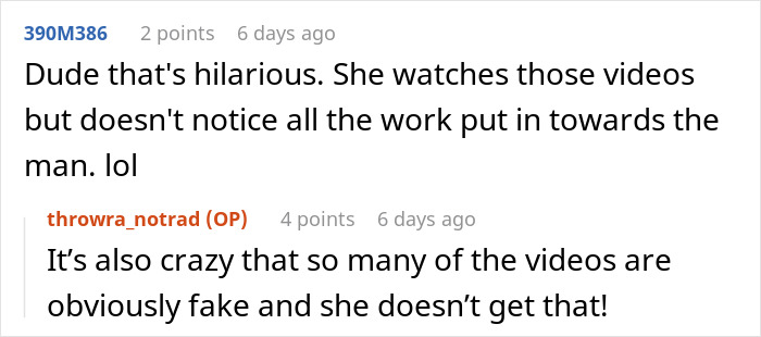 Screenshot of a Reddit conversation discussing the tradwife concept and differing views on gender roles in videos.