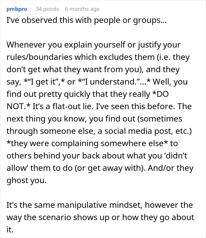 Comment discussing woman setting boundaries with friend who uses her and refuses to host toddler repeatedly.