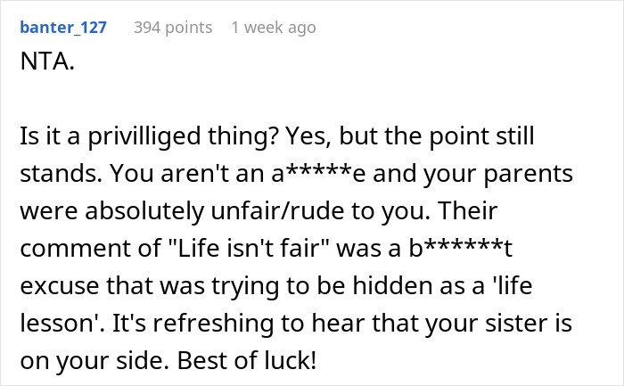 Comment discussing family vacation conflict where dad upgrades one kid to business class, causing unfair treatment and sibling support. Comment discussing family vacation conflict where dad upgrades one kid to business class, causing unfair treatment and sibling support.