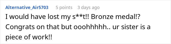 Screenshot of a comment about a woman learning her sister&rsquo;s friends drank her irreplaceable champagne, expressing disbelief and anger.