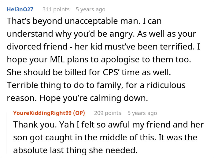 Reddit comments discussing the impact of a mother-in-law calling Child Protective Services on family dynamics and emotions. Reddit comments discussing the impact of a mother-in-law calling Child Protective Services on family dynamics and emotions.