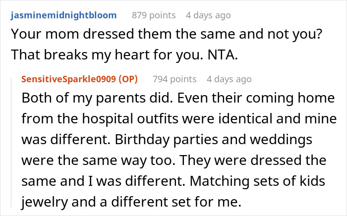 Reddit comments discussing family favoring matching triplets while treating the other child differently and calling her silly.