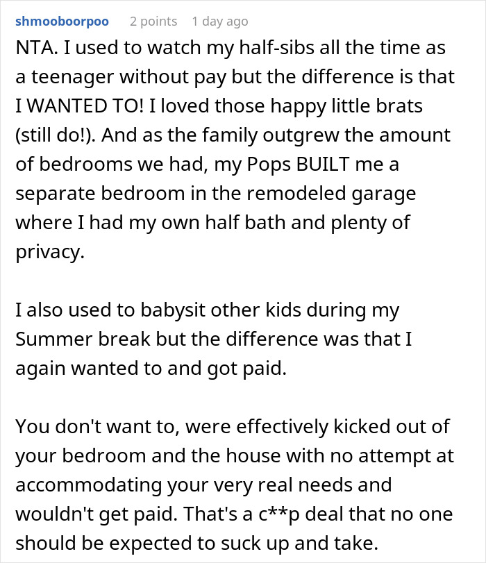 Comment discussing teen refusing blended family role, stepmom expecting unpaid babysitting despite teen&rsquo;s objections.
