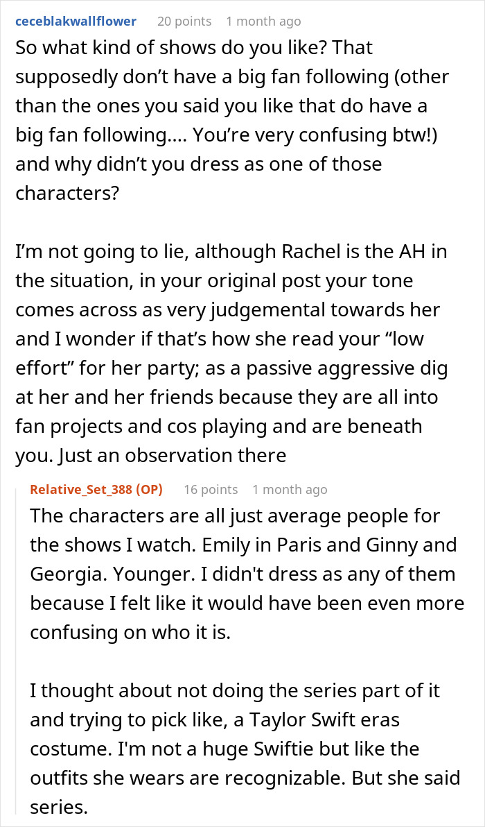 Screenshot of a Reddit conversation discussing non-fandom cosplay and Phoebe Buffay costume regrets at a party. Screenshot of a Reddit conversation discussing non-fandom cosplay and Phoebe Buffay costume regrets at a party.