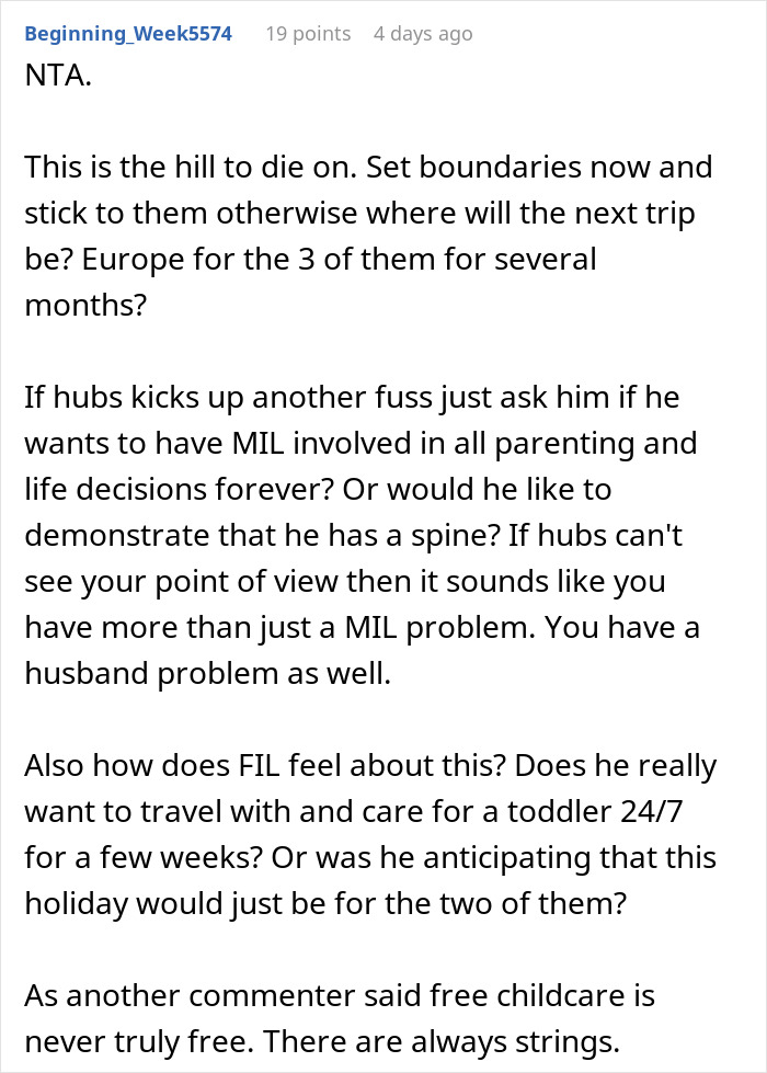 Commenter advising to set boundaries about mil-daughter surprise vacation trips and manage family parenting roles.