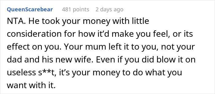 Reddit comment discussing a woman confronting her dad over a $100K stolen inheritance, causing his financial ruin.