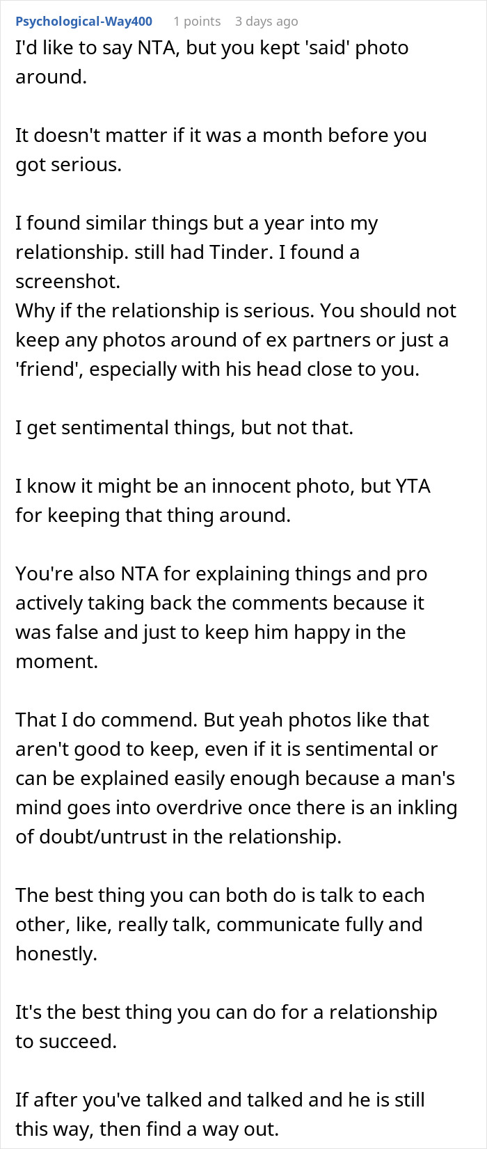 Reddit user discusses finding old photo and accuses girlfriend of micro-cheating, offering relationship advice and communication tips.