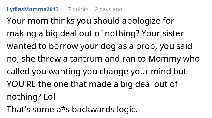 Screenshot of a comment debating refusal to lend a dog for a sister’s aesthetic maternity shoot, highlighting overreacting concerns. Screenshot of a comment debating refusal to lend a dog for a sister’s aesthetic maternity shoot, highlighting overreacting concerns.