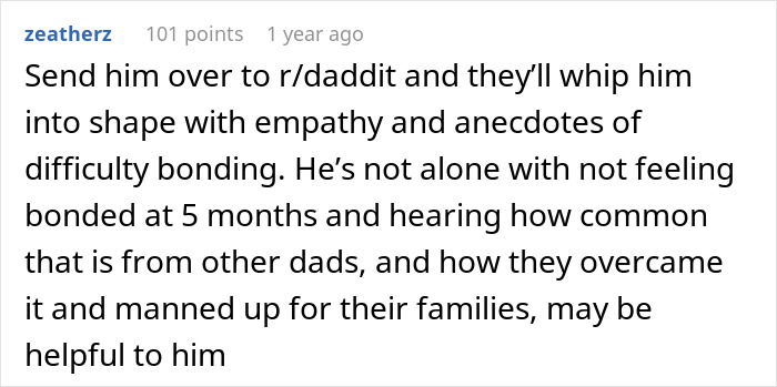 Comment discussing a man struggling to bond with his daughter born via cesarean and facing demands for divorce.