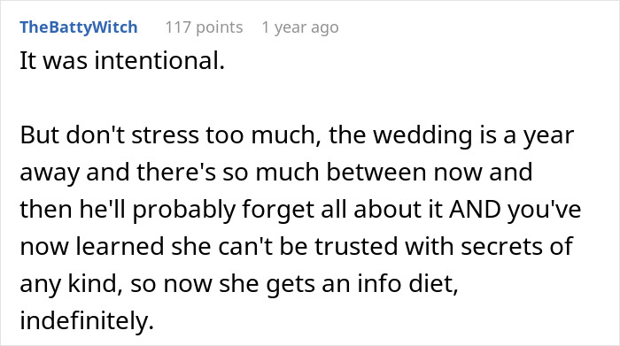 Screenshot of an online comment discussing trust issues after MIL&rsquo;s loud comments ruined the magic of a wedding dress surprise.