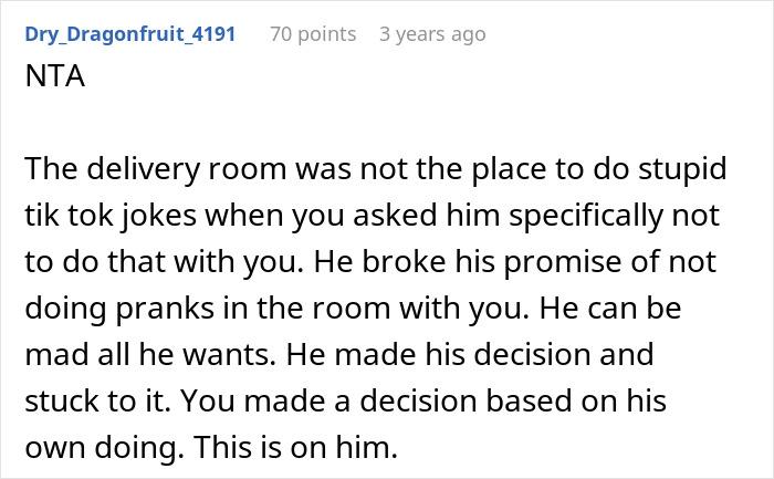 Man furious after wife removes him from delivery room over inappropriate prank, text discussing consequences of prank behavior.