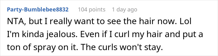 Comment from user Party-Bumblebee8832 discussing hair styling challenges and curiosity about woman's hair for boyfriend&rsquo;s mom party.
