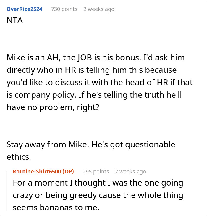 Reddit comments discussing a job referral bonus dispute involving an ex-colleague and ethical concerns in the workplace.