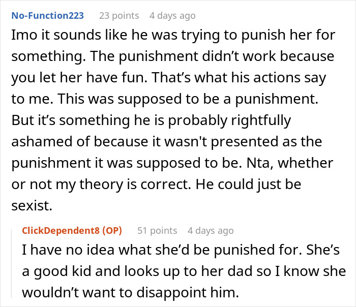 Screenshot of online discussion about man leaving daughter out of boys trip and wife making it up with a special day out.