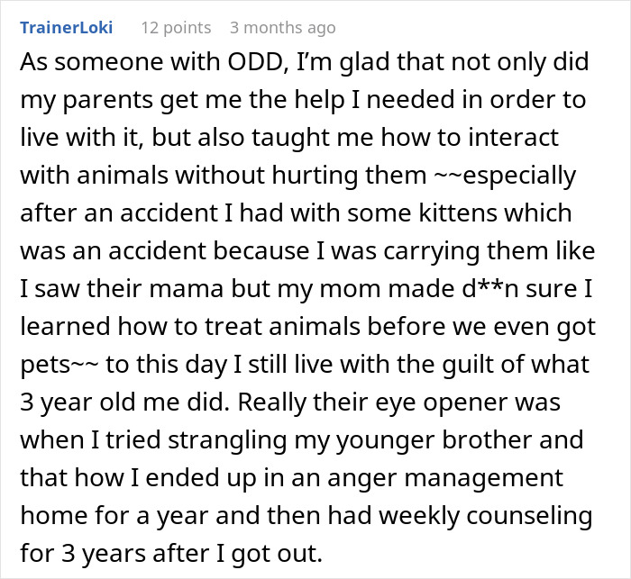 Comment discussing personal experience with ODD, guilt, and lessons learned about animal care and anger management.