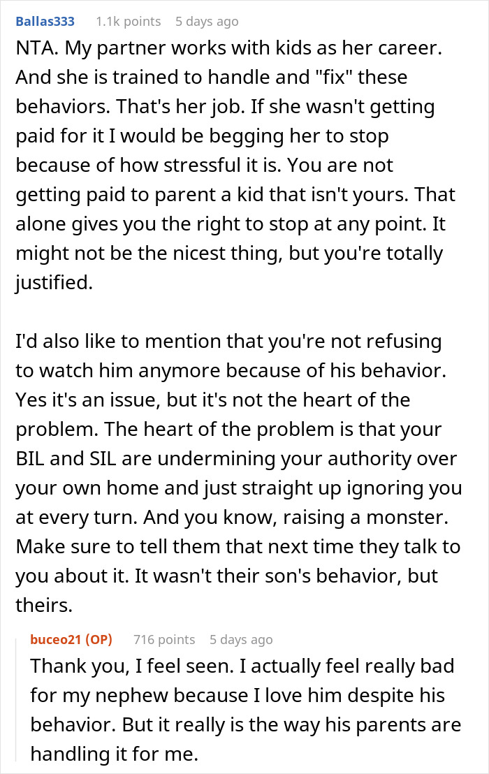 Reddit comments discussing babysitting SIL's kid for free and dealing with challenging child behavior and family dynamics. Reddit comments discussing babysitting SIL's kid for free and dealing with challenging child behavior and family dynamics.