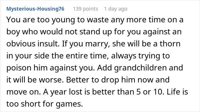 Alt text: Insightful comment on woman being called a downgrade by boyfriend&rsquo;s mom and advice on relationships and self-worth.