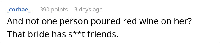 Comment criticizing bride&rsquo;s friends after groom&rsquo;s mom shows up in wedding dress, causing wedding day drama.