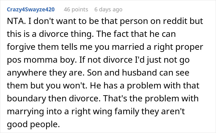 Reddit comment discussing woman getting bashed for cutting contact with in-laws who didn&rsquo;t visit dying granddaughter.