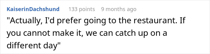 Text comment displayed in a social media thread, mentioning a preference for going to a restaurant instead. Text comment displayed in a social media thread, mentioning a preference for going to a restaurant instead.