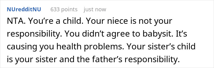 Text from Reddit post discussing a 14YO becoming paranoid and sleep-deprived due to daily babysitting duties.