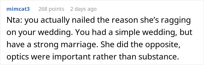 Screenshot of a Reddit comment discussing a woman clapping back at her cousin insulting her wedding and emphasizing her strong marriage.