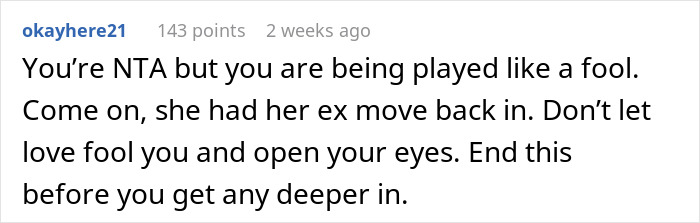 Screenshot of a Reddit comment warning a guy about his girlfriend’s ex moving in after he chipped in $2K toward her mortgage. Screenshot of a Reddit comment warning a guy about his girlfriend’s ex moving in after he chipped in $2K toward her mortgage.