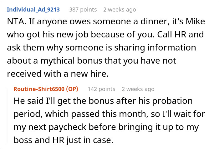 Screenshot of an online discussion about a man landing a job through an ex-colleague and referral bonus sharing dispute.