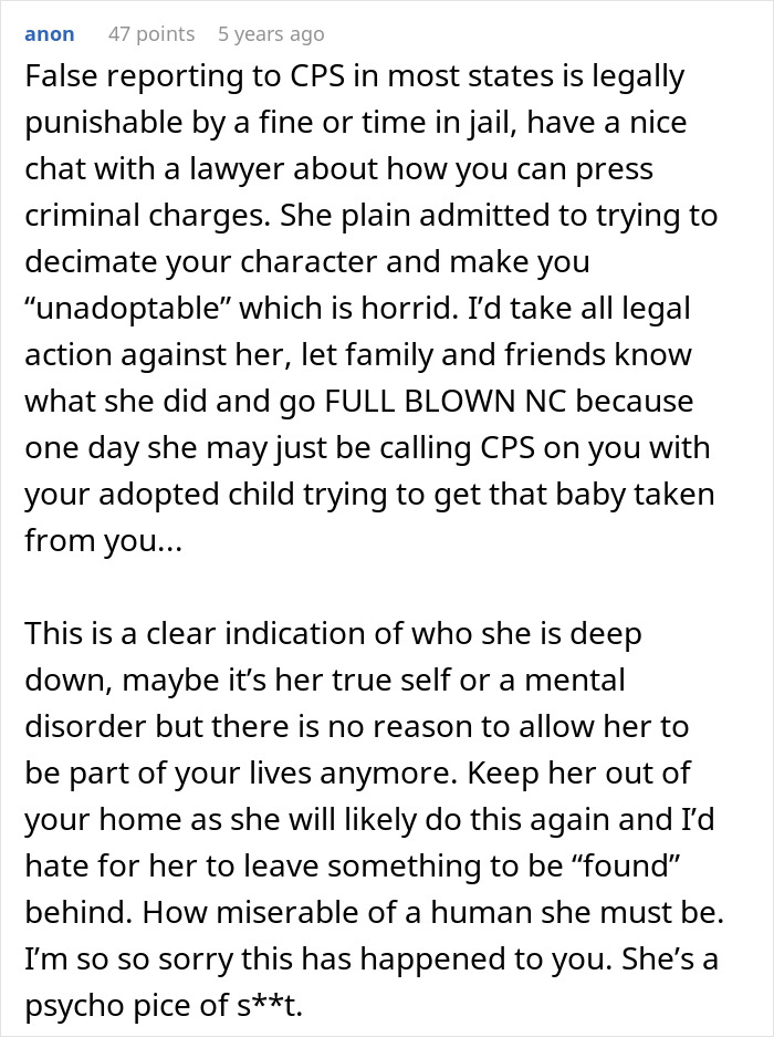 Comment discussing legal consequences and personal impact of false Child Protective Services reports from a mother-in-law situation. Comment discussing legal consequences and personal impact of false Child Protective Services reports from a mother-in-law situation.