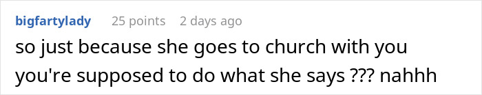 Screenshot of a Reddit comment discussing an entitled church member demanding free work from a freelancer working from home.