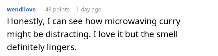 Screenshot of a Reddit comment discussing a coworker saying a woman&rsquo;s lunch smells too real and prefers protein bars instead.