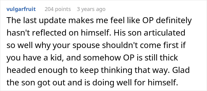 Comment discussing parents reflecting on neglect and their son blowing up after years of emotional strain and growing independence.
