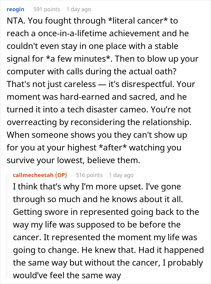 Commenters discuss a boyfriend&rsquo;s disrespectful behavior during an attorney swearing moment, causing emotional pain.