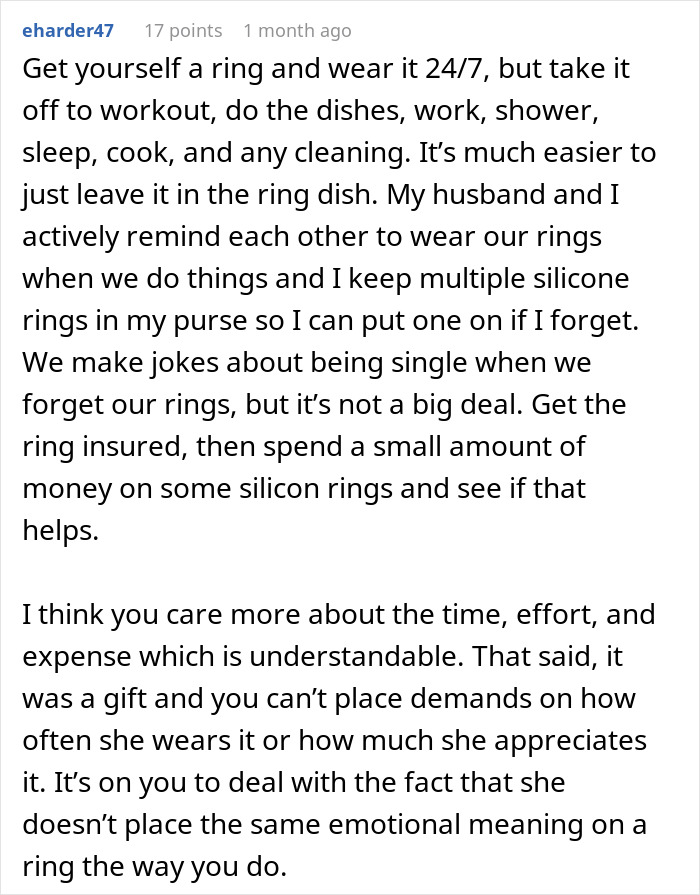 Comment discussing engagement ring use and emotional meaning, addressing woman refusing to wear engagement ring. Comment discussing engagement ring use and emotional meaning, addressing woman refusing to wear engagement ring.