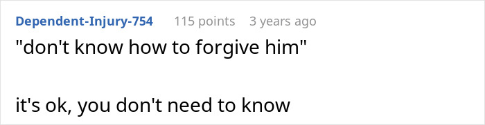Comment on Reddit with text about forgiveness, displayed on a white background with black font.