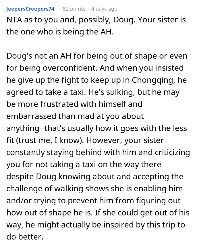 Comment discussing bil struggles during a China trip, focusing on fitness challenges and interpersonal dynamics.