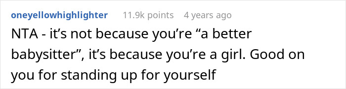 Comment explaining a 17-year-old refusing to babysit multiple kids during family vacation, supporting her for standing up for herself.